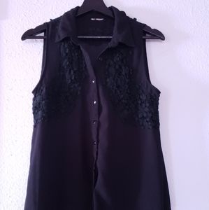 Sheer Black Blouse With Lace and Collar S/M